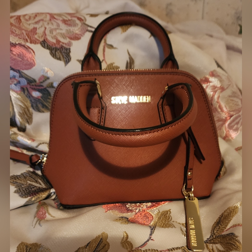 Steve Madden B Faith Mini Handbag Purse Goldtone Hardware Brown Faux Leather